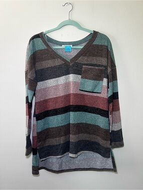 Ces Femme Teal and Gray Striped V-Neck